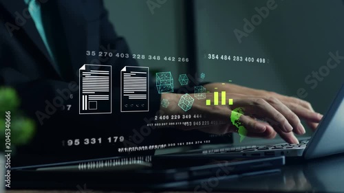 Business professional analyzing data and dashboards on digital devices. Data analytics, business intelligence, performance metrics, management system, and corporate technology concept.