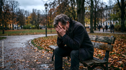 man in anguish sitting on lonely park bench