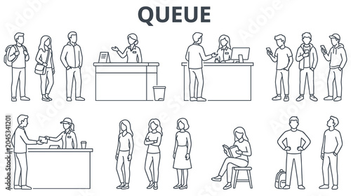 Tableau sur toile Queue line set people stand wait in line customer service bank.