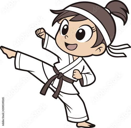 Cartoon illustration of a cute girl wearing a karate uniform performing a kick