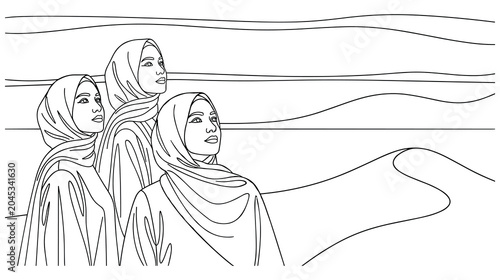 Photos Three women wearing hijabs looking up at desert landscape.