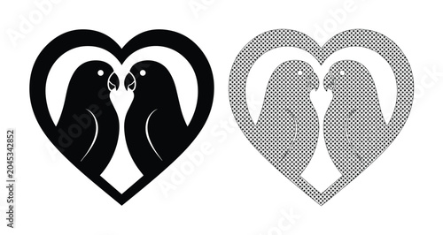 Photos Two Lovebirds Silhouette in Heart Outline, Romantic Couple Vector Art, Black and