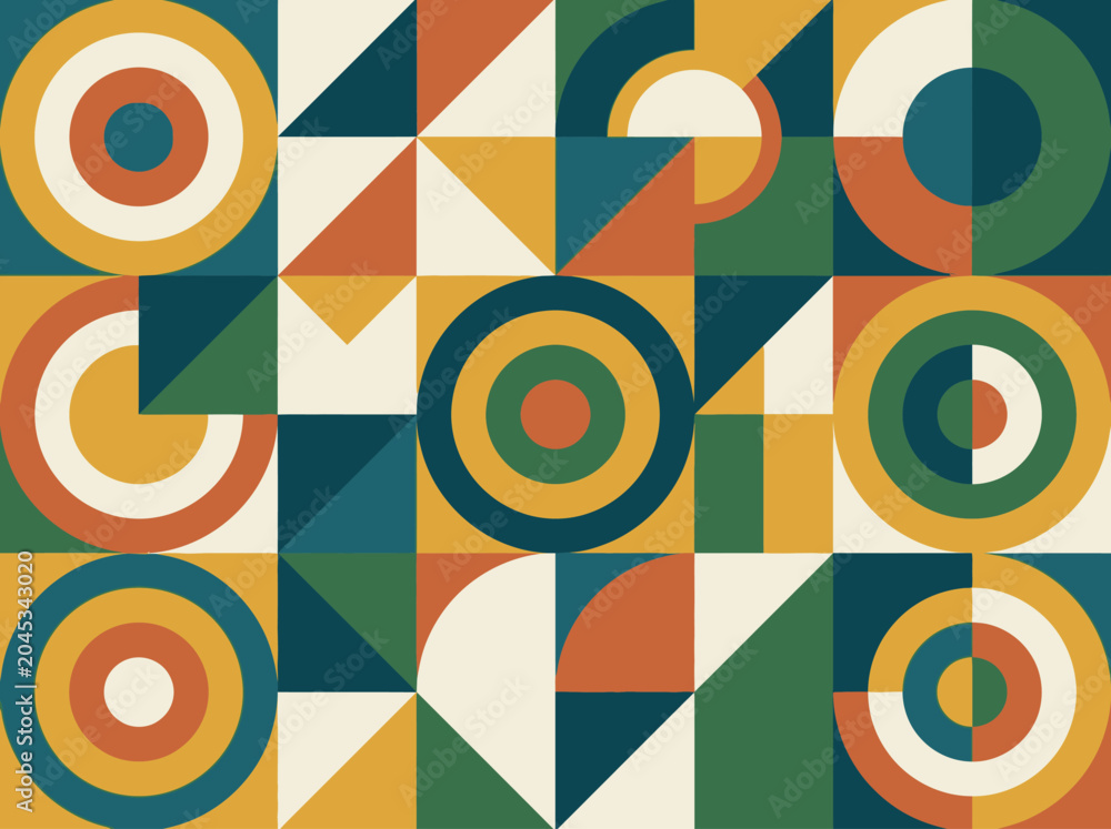 Fototapeta premium Abstract Geometric Pattern Background with Retro Mid-Century Modern Bauhaus Design and Earthy Tones