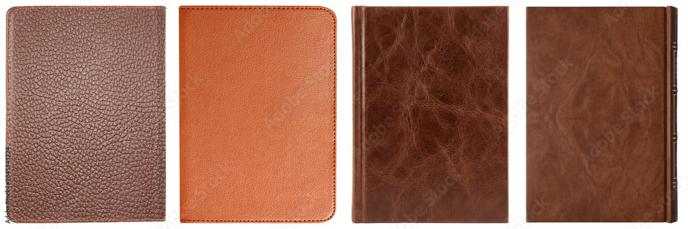 Fototapeta premium Collection of various brown and tan textured leather book and notebook covers, durable and elegant.