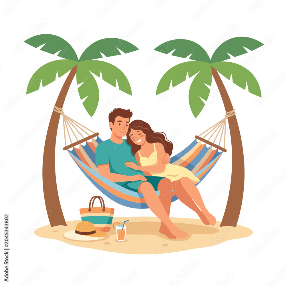 Fototapeta premium Couple relaxing in hammock on tropical beach vector illustration