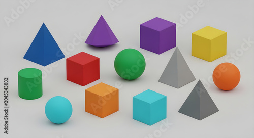 Colorful geometric shapes arranged on a plain surface for display