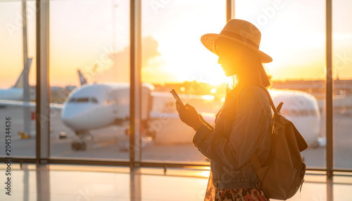 Woman at airport using smartphone during sunset near airplanes travel concept