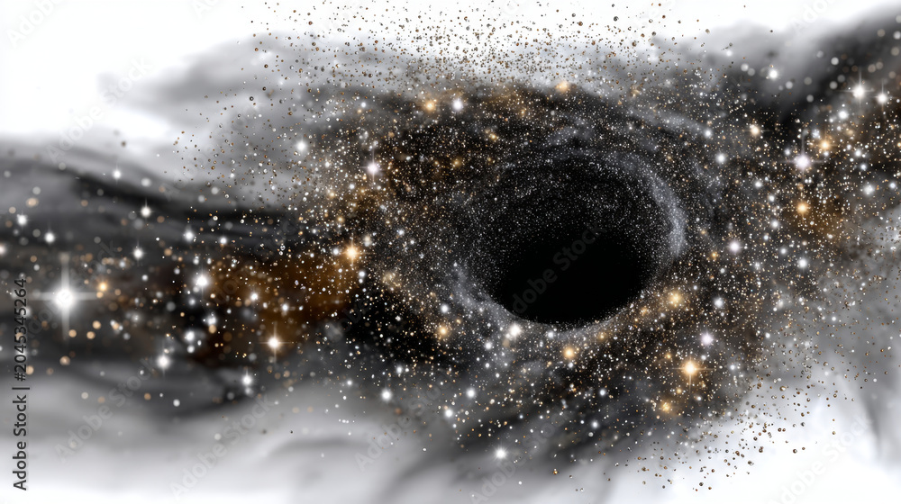 Obraz premium Captivating black hole illustration, encircled by luminous stars and dark nebulae. Profound scientific mystery and cosmic wonder emanate from powerful gravitational singularity. Vast universe
