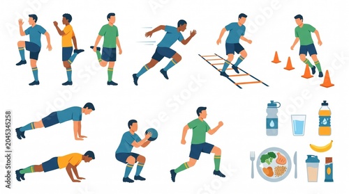Illustration of various athletic exercises and healthy food for fitness and nutrition isolated on white background