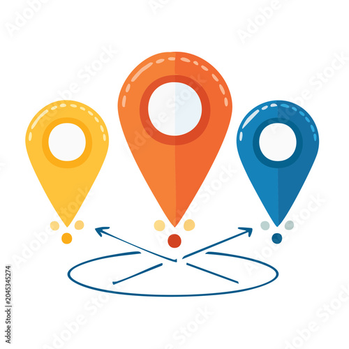 Three colorful location pins with navigation arrows
