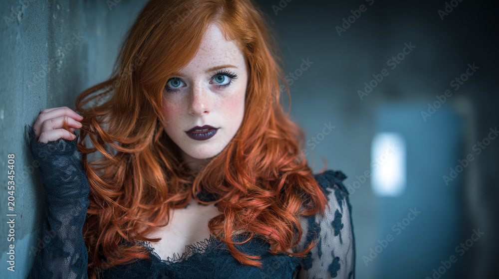 Naklejka premium Portrait of a young woman with long red hair posing against a concrete wall portrait concrete