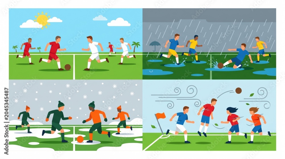 Obraz premium Soccer players in various weather conditions on green field backgrounds