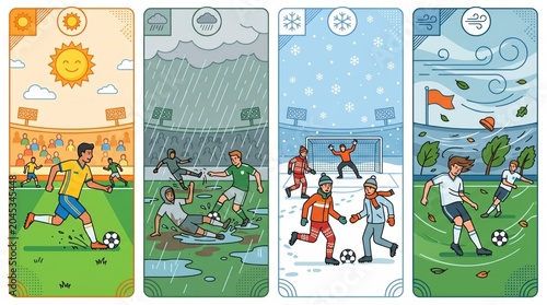 Soccer players in various weather conditions on green field backgrounds
