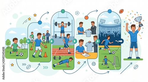 Illustration showing a boys journey to becoming a successful soccer player through hard work and dedication isolated on white background