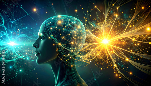 Digital human profile with glowing neural network brain.