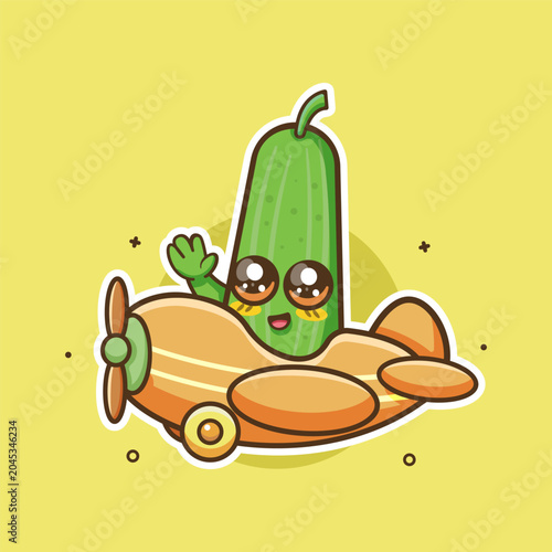 Cheerful cucumber vegetable character mascot flying an airplane isolated cartoon	