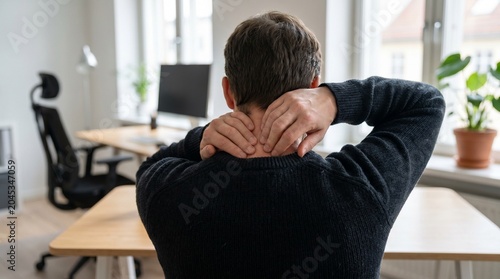 Man suffering from neck pain while sitting at office desk in home studio