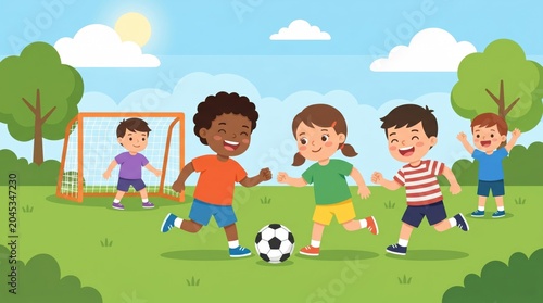 Children playing soccer on a green field with a goal and trees in the background on a sunny day with clouds