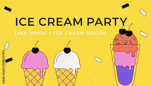 Colorful ice cream cones, ice cream party, live music event, social gathering
