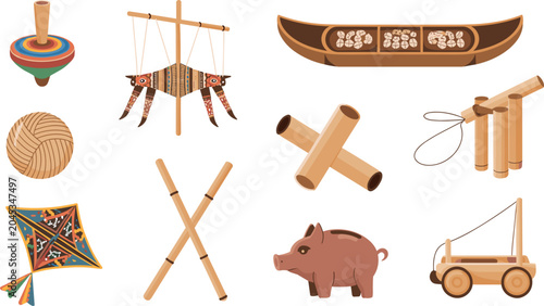 Traditional Southeast Asian cultural childhood toys and heritage wooden games flat vector icon collection set