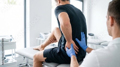 Physical therapist examining a man's painful lower back in a clinic