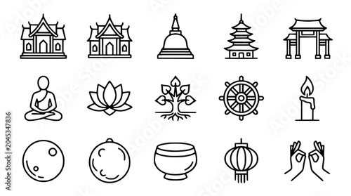 Bild auf Leinwand Buddhist Symbols and Icons: Temples, Buddha, Lotus, Dharma Wheel, Candle, Moon