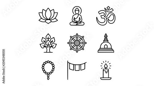 Canvastavla Buddhist Symbols Icons Set: Lotus, Buddha, Om, Bodhi Tree, Dharma Wheel, Stupa,