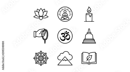 Foto Spiritual Icons: Lotus, Buddha, Candle, Om, Dharma Wheel, Stupa, Prayer Beads, N