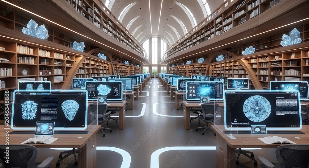 Fototapeta premium A futuristic library filled with advanced technology and digital learning stations.