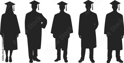 Photos Silhouettes of five graduates in caps and gowns standing in a line against a whi