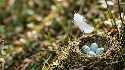 Speckled blue bird eggs in a natural nest with a white feather outdoors