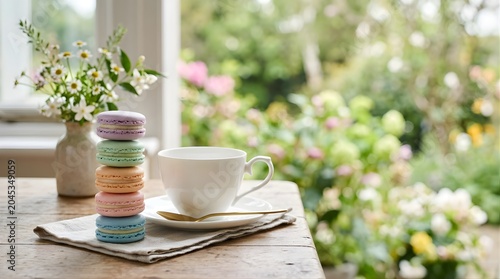 Stack of colorful macarons with a coffee cup on a wooden table in spring