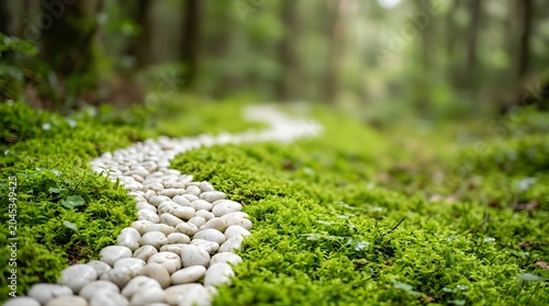 Stone pathway winding through a lush green mossy forest in springtime