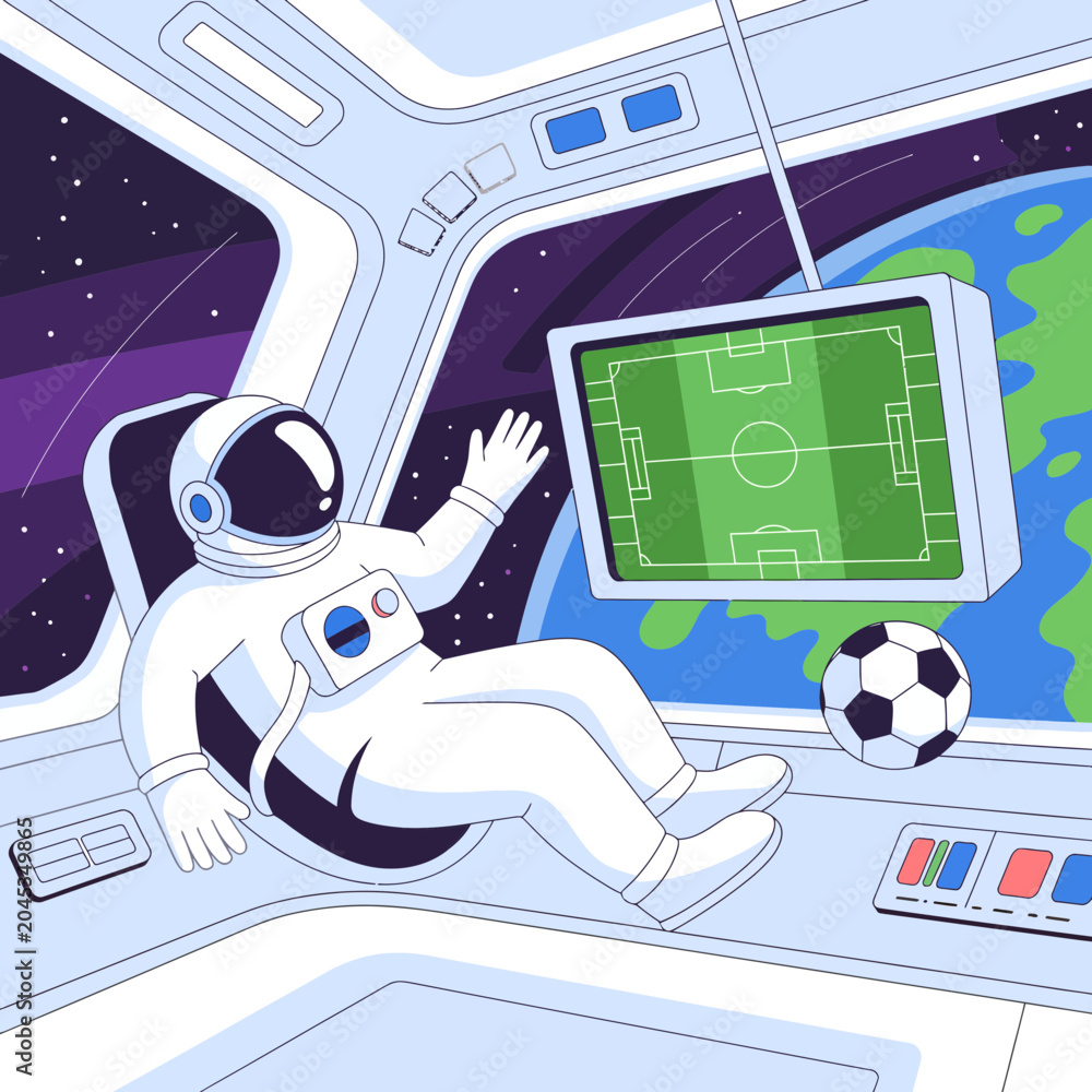 Naklejka premium Astronaut in a futuristic spaceship cockpit reclining and watching a soccer match on a digital screen with a floating ball and view of planet Earth