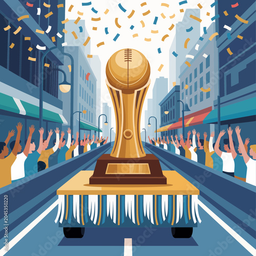 Photos Vector illustration of a golden football trophy on a parade float in a city stre