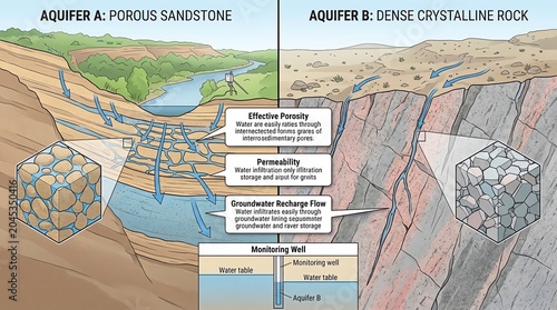 Cross-Section of Porous Sandstone and Dense Crystalline Rock Layers in Geological Formation.
