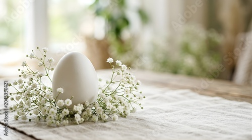 White egg surrounded by delicate baby breath flowers on a rustic table
