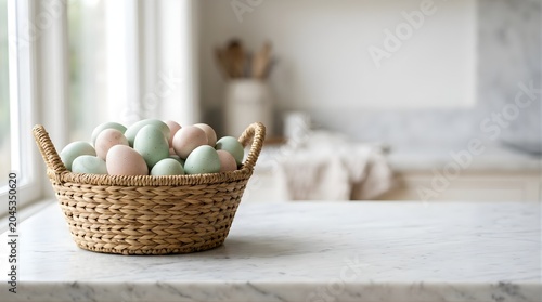 Wicker basket filled with colorful Easter eggs on a marble kitchen counter