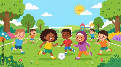 Diverse group of happy children playing soccer together outdoors on a sunny day in a park with green grass and trees