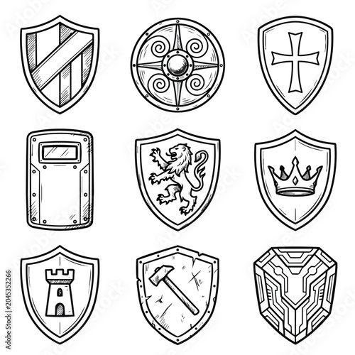 Collection of Nine Different Shield Designs in Sketch Style.