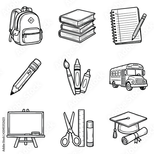 Collection of school supplies and educational items illustration.