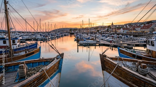 Boats moored in a harbor at sunset with reflections on the water