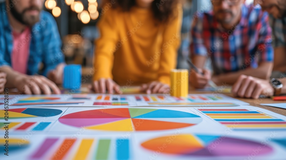 Obraz premium A diverse marketing team collaborating on analyzing competitor data to strategize and improve business performance in a modern office environment.