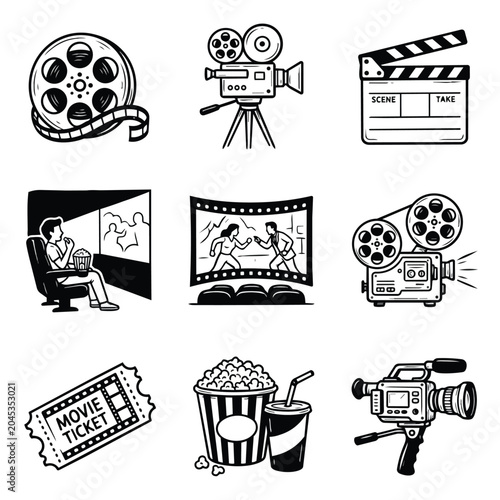 Collection of vintage and modern cinema icons and symbols.