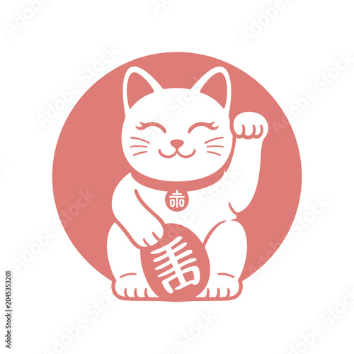 Vászonkép Pink and white manekineko lucky cat icon illustration