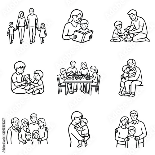 Family life illustrations showing bonding and activities.