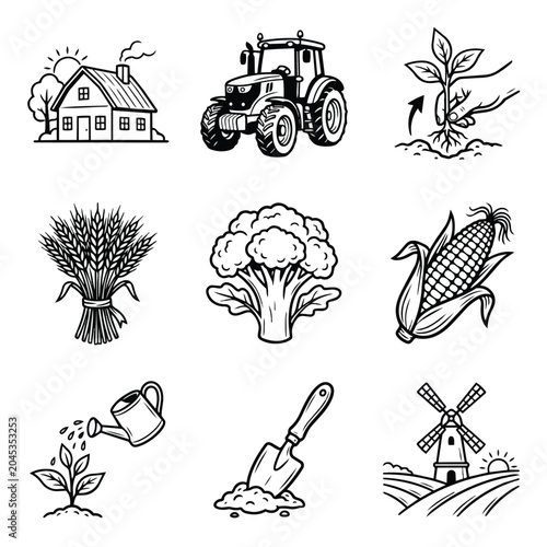 Farm life and agriculture icons set.