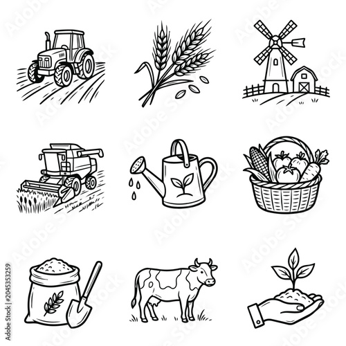 Farm life agricultural icons set hand drawn sketch.