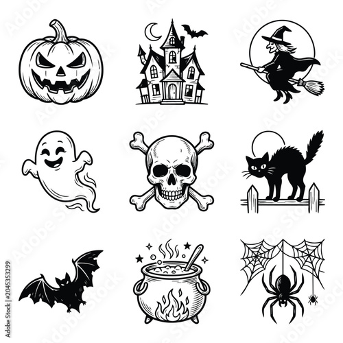 Halloween Icons Set Spooky Holiday Symbols.