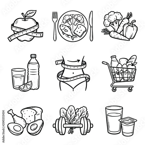 Healthy Eating and Fitness Icons Collection.